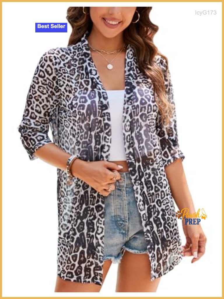 3/4 Sleeve Sheer Open Front Cardigan Kimono - 95% Polyester 5% Spandex